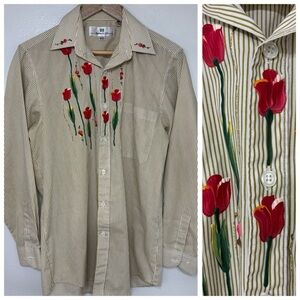Ampaco Men’s Hand Painted Striped Floral Tulip Men's Shirt Olive Green Cream S